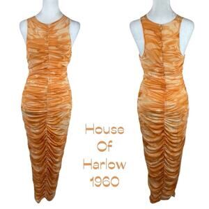 House Of Harlow 1960 Orange BodyCon Maxi Dress NWOT Size XS ruched smocked